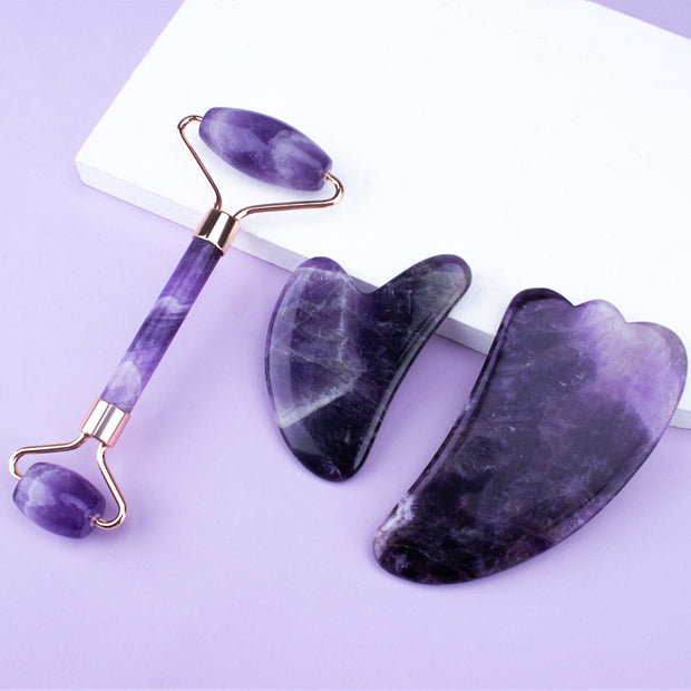 Set de Rouleau en Améthyste et Massager Gua Sha en Forme de Cœur