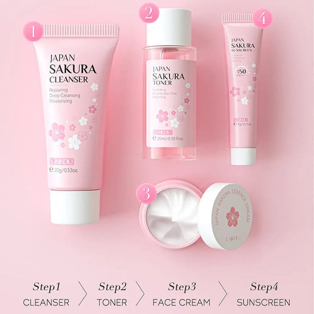 Set de Soins Sakura – Routine Visage Complète (4 pièces)- Kit de Voyage