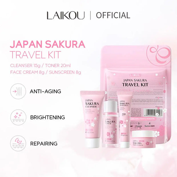 Set de Soins Sakura – Routine Visage Complète (4 pièces)- Kit de Voyage